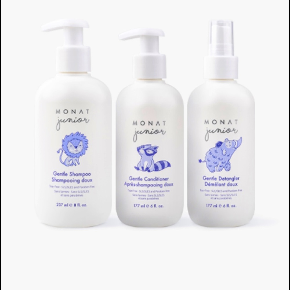 3 pc New Monat Junior shampoo, conditioner, and detangler + free gift